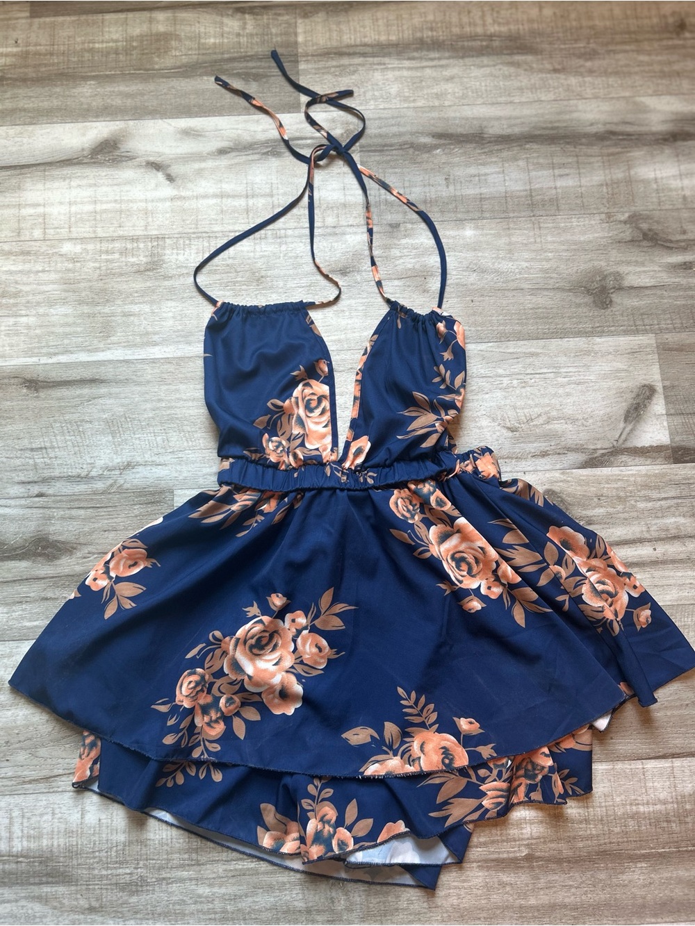 Source Unknown Navy Blue Floral Backless Halter Dress